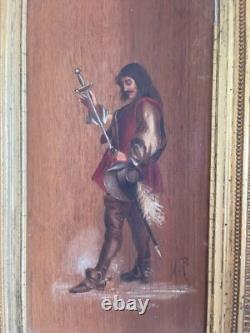 Ancien Huile Bois Panneau Encadré Mousquetaire Signé XIXème 19ème