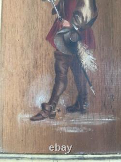 Ancien Huile Bois Panneau Encadré Mousquetaire Signé XIXème 19ème