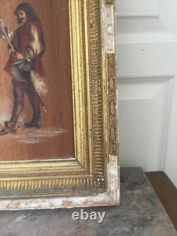 Ancien Huile Bois Panneau Encadré Mousquetaire Signé XIXème 19ème