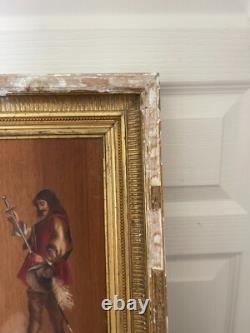 Ancien Huile Bois Panneau Encadré Mousquetaire Signé XIXème 19ème