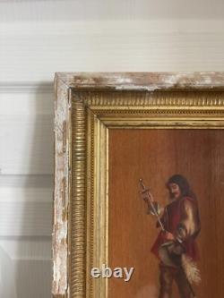 Ancien Huile Bois Panneau Encadré Mousquetaire Signé XIXème 19ème