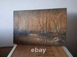 Ancien Huile sur Toile Paysage Sous Bois Forêt lavandières Signé A Grange 1934