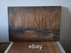 Ancien Huile sur Toile Paysage Sous Bois Forêt lavandières Signé A Grange 1934