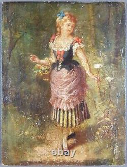 Ancien Tableau Cueilleuse de Fleurs Peinture Huile Antique Oil Painting Picker