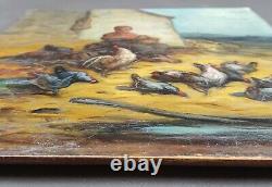 Ancien Tableau Enfant et Poules Peinture Huile Antique Oil Painting Dipinto