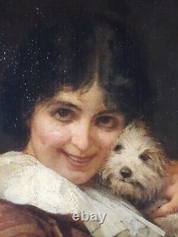 Ancien Tableau Fille tenant un Chien Peinture Huile Antique Painting Girl Dog