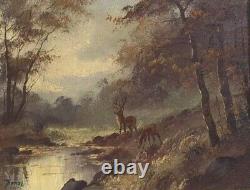 Ancien Tableau Huile Sur Toile cerf dans les bois Signé Thomas