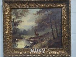 Ancien Tableau Huile Sur Toile cerf dans les bois Signé Thomas