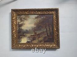 Ancien Tableau Huile Sur Toile cerf dans les bois Signé Thomas