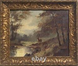 Ancien Tableau Huile Sur Toile cerf dans les bois Signé Thomas