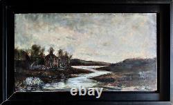 Ancien Tableau / Huile sur bois, paysage, rivière, bois 43x 24 cm