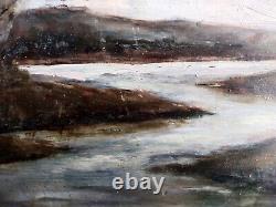 Ancien Tableau / Huile sur bois, paysage, rivière, bois 43x 24 cm