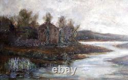 Ancien Tableau / Huile sur bois, paysage, rivière, bois 43x 24 cm