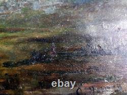 Ancien Tableau / Huile sur bois, paysage, rivière, bois 43x 24 cm