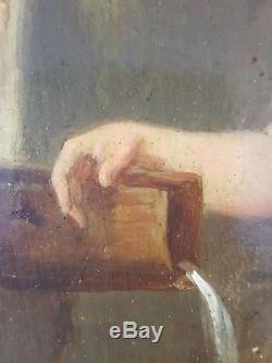 Ancien Tableau Jeune Femme à la Fontaine Peinture Huile Antique Oil Painting
