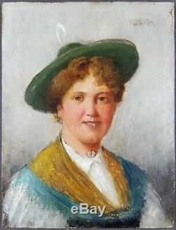 Ancien Tableau Jeune Femme au Chapeau Peinture Huile Antique Painting Dipinto
