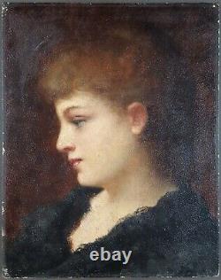 Ancien Tableau Jules Quesnet (XIXe-XXe) Peinture Portrait Antique Oil Painting