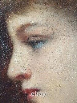 Ancien Tableau Jules Quesnet (XIXe-XXe) Peinture Portrait Antique Oil Painting