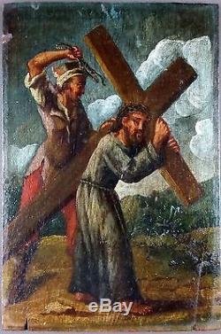 Ancien Tableau Le Portement de Croix Peinture Huile Antique Oil Painting