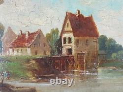 Ancien Tableau Le Ruisseau du Moulin Peinture Huile Antique Oil Painting