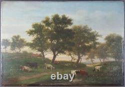 Ancien Tableau Moutons et Vaches au Pâturage Peinture Huile Antique Painting