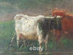 Ancien Tableau Moutons et Vaches au Pâturage Peinture Huile Antique Painting
