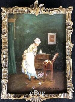 Ancien Tableau Peinture HSP XIXe Femme à la Toilette Signé Painting Dipinto 19th