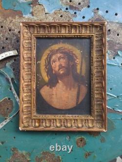 Ancien Tableau Peinture Huile Sur Bois Oil Painting On Wood Jesus Christ
