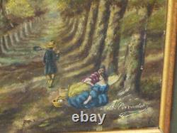 Ancien Tableau Peinture Huile Sur Panneau Bois Signee Paysage Sous Bois Encadre