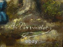 Ancien Tableau Peinture Huile Sur Panneau Bois Signee Paysage Sous Bois Encadre