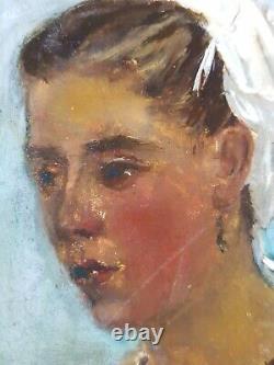 Ancien Tableau Portrait de Jeune Femme Peinture Huile Antique Oil Painting Old