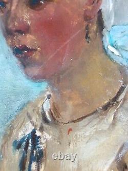 Ancien Tableau Portrait de Jeune Femme Peinture Huile Antique Oil Painting Old