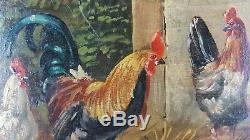 Ancien Tableau Poules et Coq Peinture Huile Antique Painting Dipinto Ölgemälde