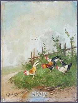 Ancien Tableau Poules et Coqs Peinture Huile Antique Oil Painting Ölgemälde