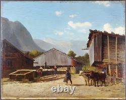 Ancien Tableau Scène de Vie à la Montagne Peinture Huile Antique Oil Painting