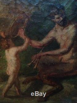 Ancien Tableau XIXe Satyre et Nymphe Putti dans les bois Huile sur toile 19e