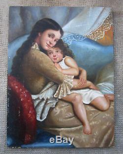 Ancien magnifique tableau maternité mère et fille espagnole gitane non signé