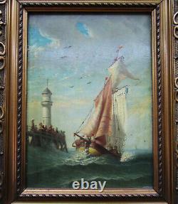 Ancien superbe tableau huile XIXe le phare de Trouville signé Baron 1878 marine