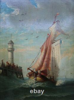 Ancien superbe tableau huile XIXe le phare de Trouville signé Baron 1878 marine