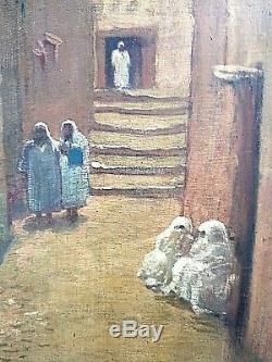 Ancien tableau HSP Scène de rue animé Orientaliste Médina Maroc 1900