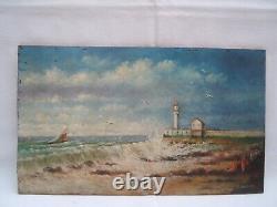 Ancien tableau Huile sur panneau bord de mer phare baigneur Emile Vachat XXème