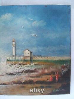 Ancien tableau Huile sur panneau bord de mer phare baigneur Emile Vachat XXème