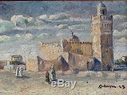 Ancien tableau Paysage animé Orientaliste Mosquée signé Impressionnisme déb XXe