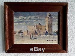 Ancien tableau Paysage animé Orientaliste Mosquée signé Impressionnisme déb XXe