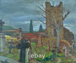 Ancien tableau Paysage vue de cimetière Ruine Roger Montané Cadre bois 1930
