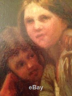 Ancien tableau XIXe Portrait d'enfants Huile sur bois Signé AUBRY cadre Deforge