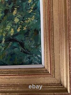 Ancien tableau huile Paysage Sous-bois Jardin Signé Micheline De Rougemont