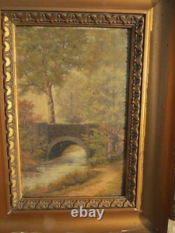 Ancien tableau huile paysage sous-bois barbizon pont fin XIXème signé rivière