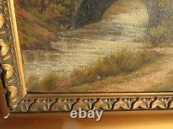 Ancien tableau huile paysage sous-bois barbizon pont fin XIXème signé rivière