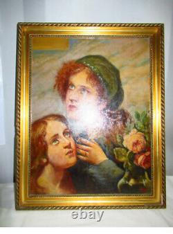 Ancien tableau huile sur bois-Cadre en bois doré-Femmes priants-Religion